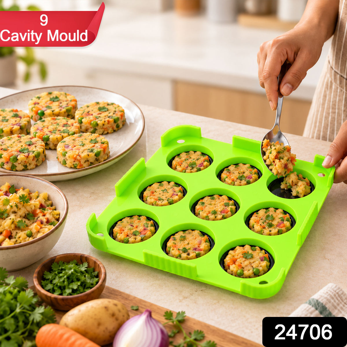 9 Cavity Cutlet and Aloo Tikki Maker Mould with Removable Base Inserts