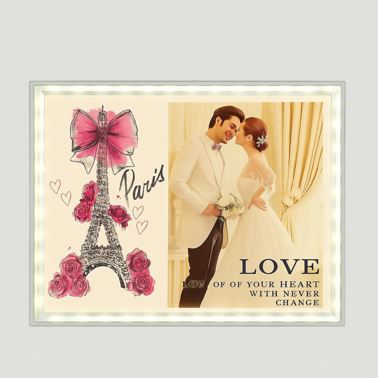 Romantic Paris-Themed LED Photo Frame with Eiffel Tower & Rose Art | Warm Light Illuminated Couple Picture Frame for Anniversary, Wedding & Valentine Gift | USB Powered Tabletop Love Photo Lamp for Bedroom & Home Decor