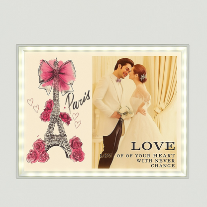 Romantic Paris-Themed LED Photo Frame with Eiffel Tower & Rose Art | Warm Light Illuminated Couple Picture Frame for Anniversary, Wedding & Valentine Gift | USB Powered Tabletop Love Photo Lamp for Bedroom & Home Decor