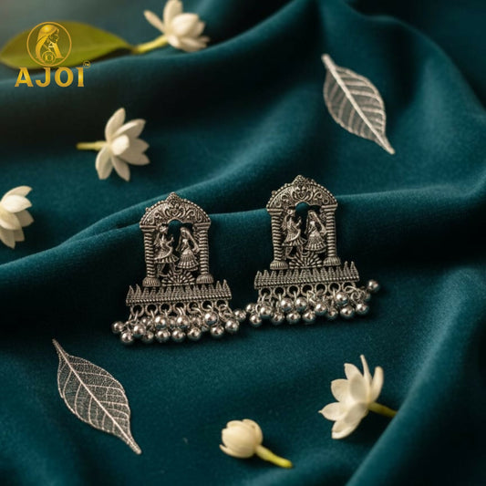 Oxidized Silver Temple Earrings – Handcrafted Radha Krishna Design with Ghungroo Drops