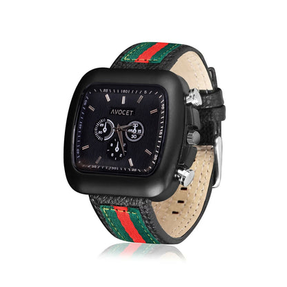 Stylish Black Square Dial Analog Watch with Striped Strap & Metal Case