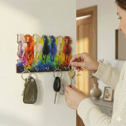 Seven Colorful Horse Wooden Key Holder | 5 Hook Wall Organizer
