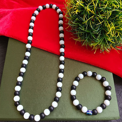 Black & White Beads Necklace & Evil Eye Bracelet Combo