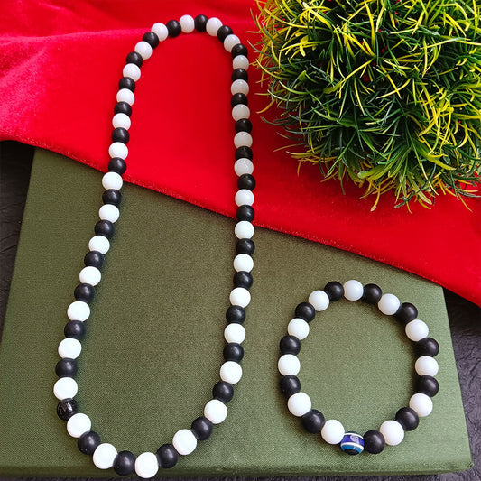 Black & White Beads Necklace & Evil Eye Bracelet Combo