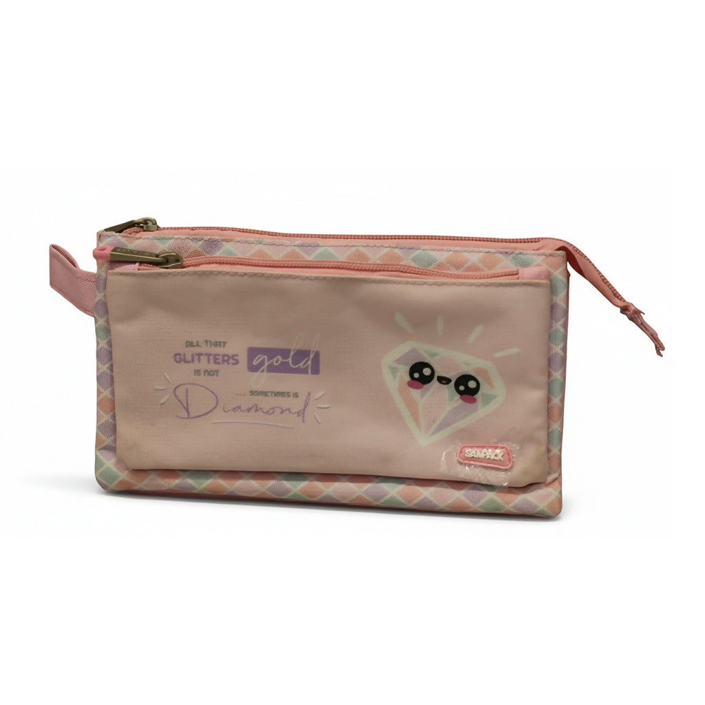 Cute Multicolor Pencil Pouch for Girls & Boys | Diamond Design | Multi-Pocket Zipper Stationery Case for School & Office