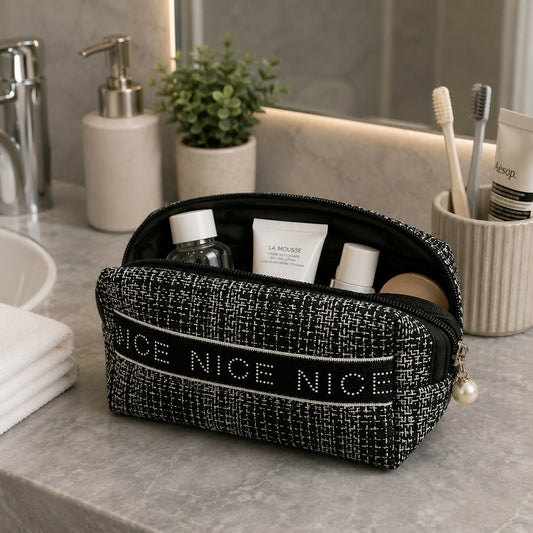 Multipurpose makeup organizer pouch with textured fabric and zipper