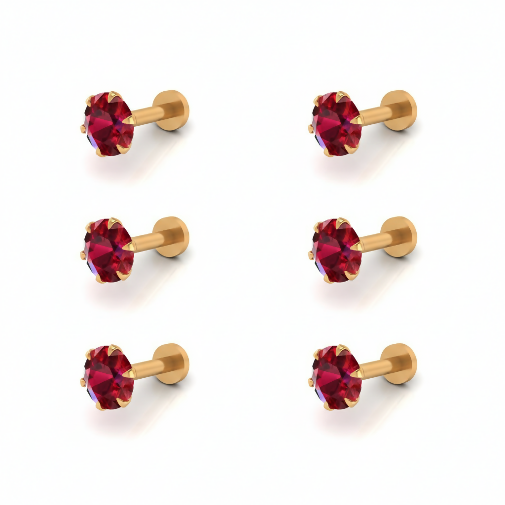 Set of six red ruby nosepin studs with gold prong setting and flat backs