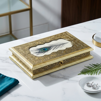 Jewelry box with floral patterns and metallic finish, showcasing craftsmanship