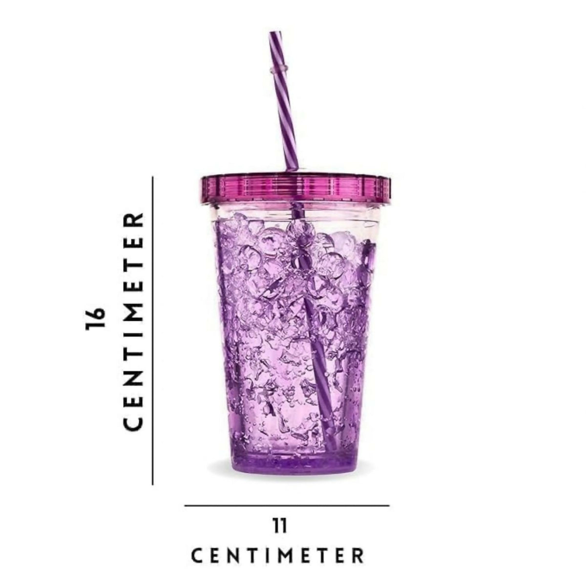A purple plastic tumbler with a lid and striped straw, showing 16cm height and 11cm width measurements.