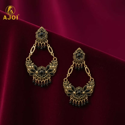 Antique Gold-Plated Black Stone Floral Chandbali Earrings for Women