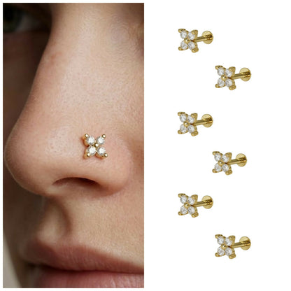 Gold-plated Clover flat back AD nosepin stud with sparkling crystals, combo pack