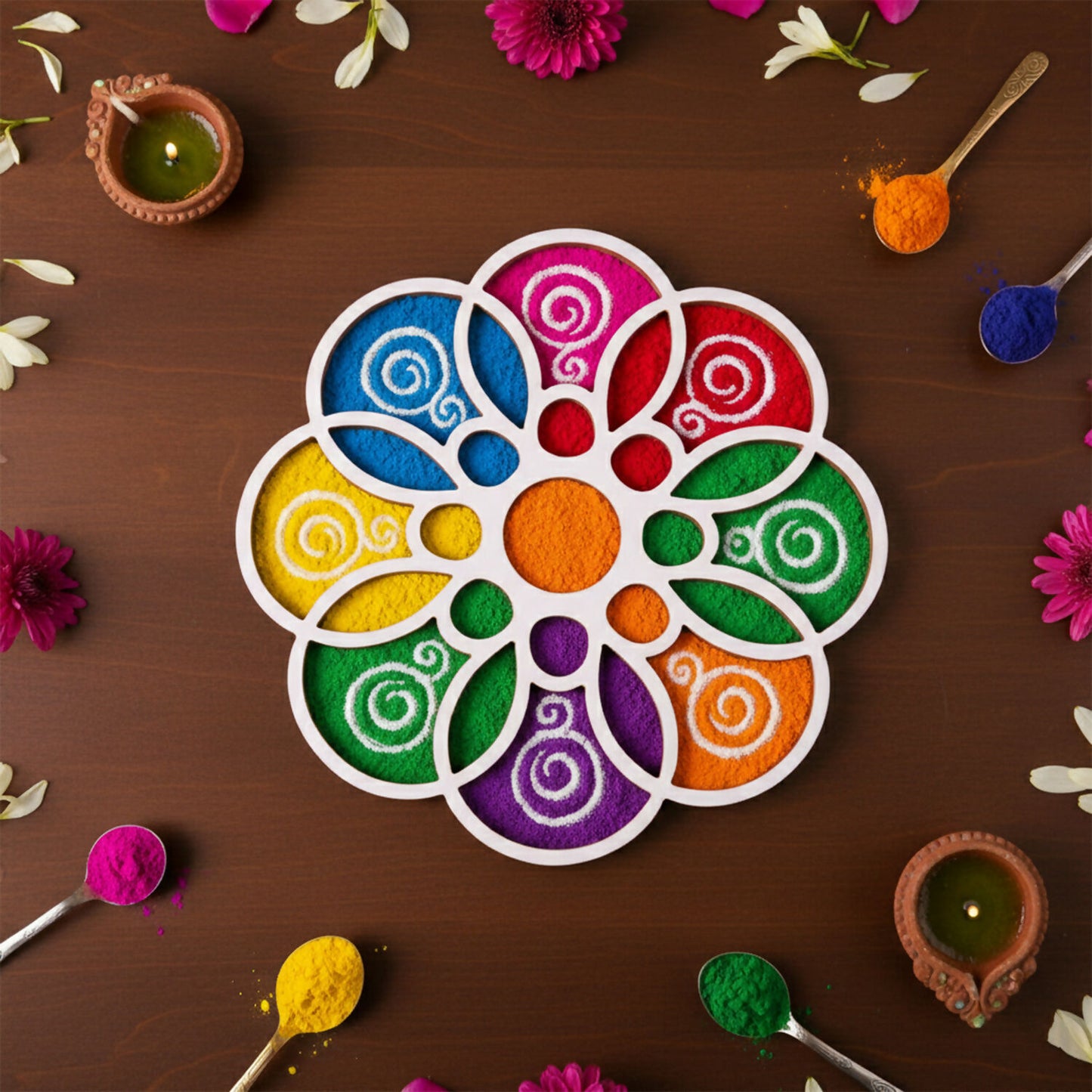 Wooden Rangoli Stencil | Round Petal Flower Design