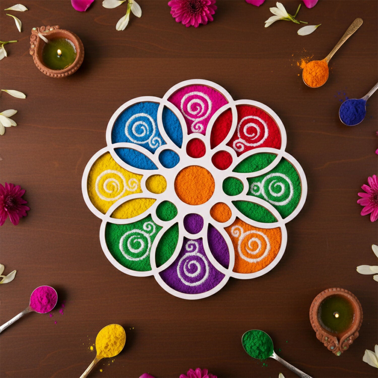 Wooden Rangoli Stencil | Round Petal Flower Design