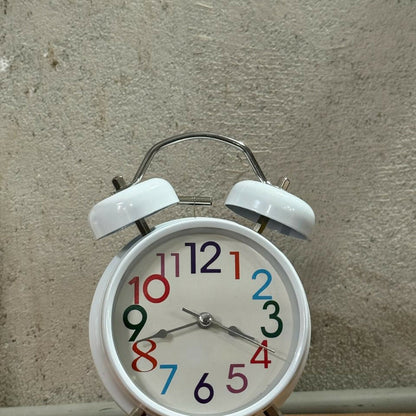 White Twin Bell Alarm Clock – Retro Loud Desk Clock with Multicolor Numbers