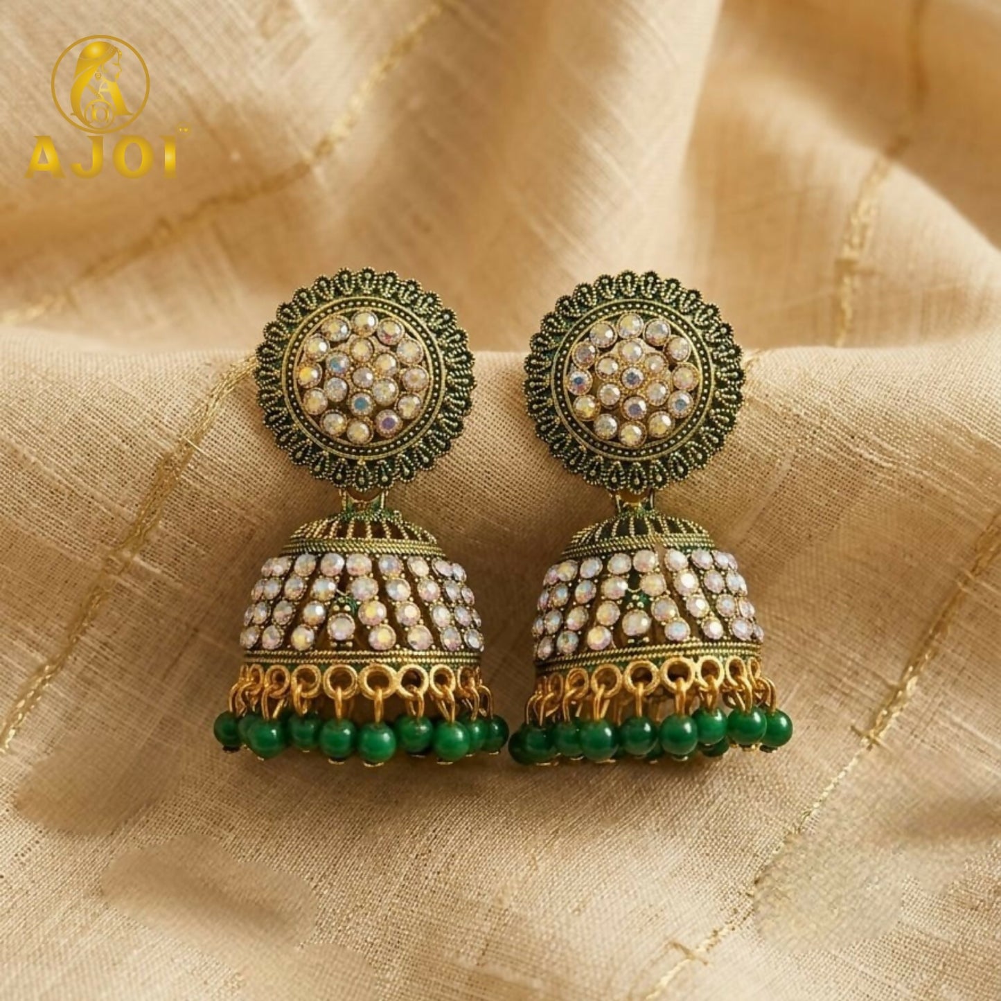 Antique Gold Pearl Jhumka Earrings with Elegant Green Bead Drops