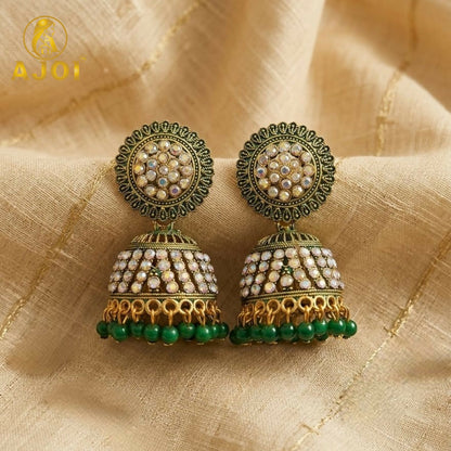 Antique Gold Pearl Jhumka Earrings with Elegant Green Bead Drops
