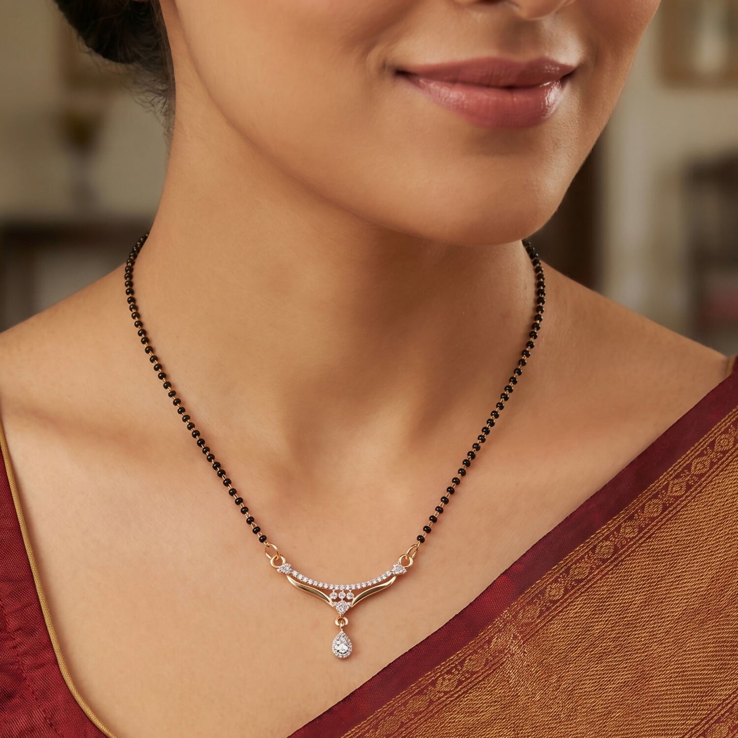 Classic Drop Pendant Mangalsutra with Curved Stone Bar