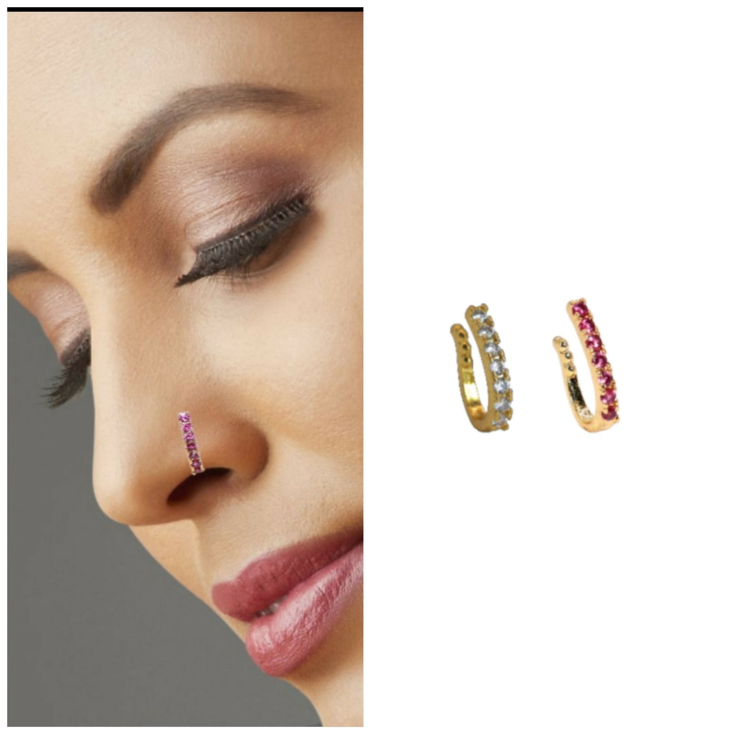 Two clip-on nose rings with white and pink stones displayed