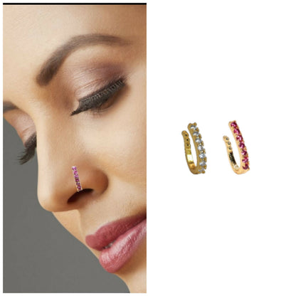 Two clip-on nose rings with white and pink stones displayed