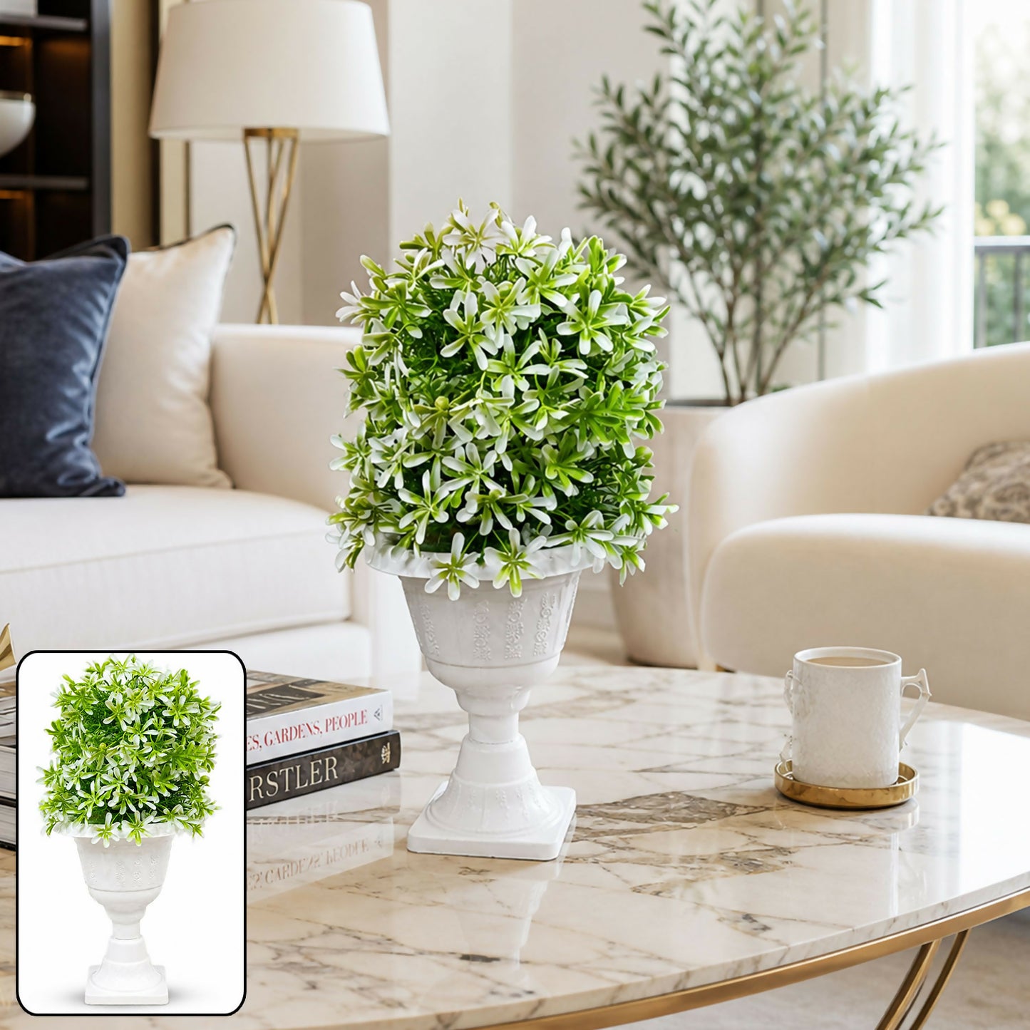 Artificial Green White Flower Ball Topiary Plant in White Pedestal Pot Home Decor