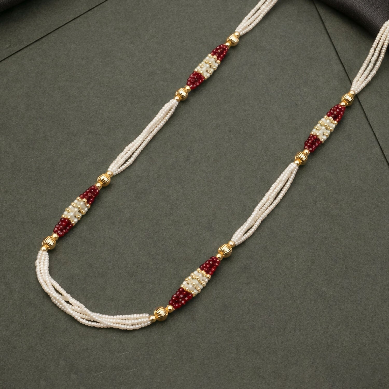 Handmade Multi Strand Pearl Beaded Mala Necklace Red Gold Ethnic Jewelry for Women