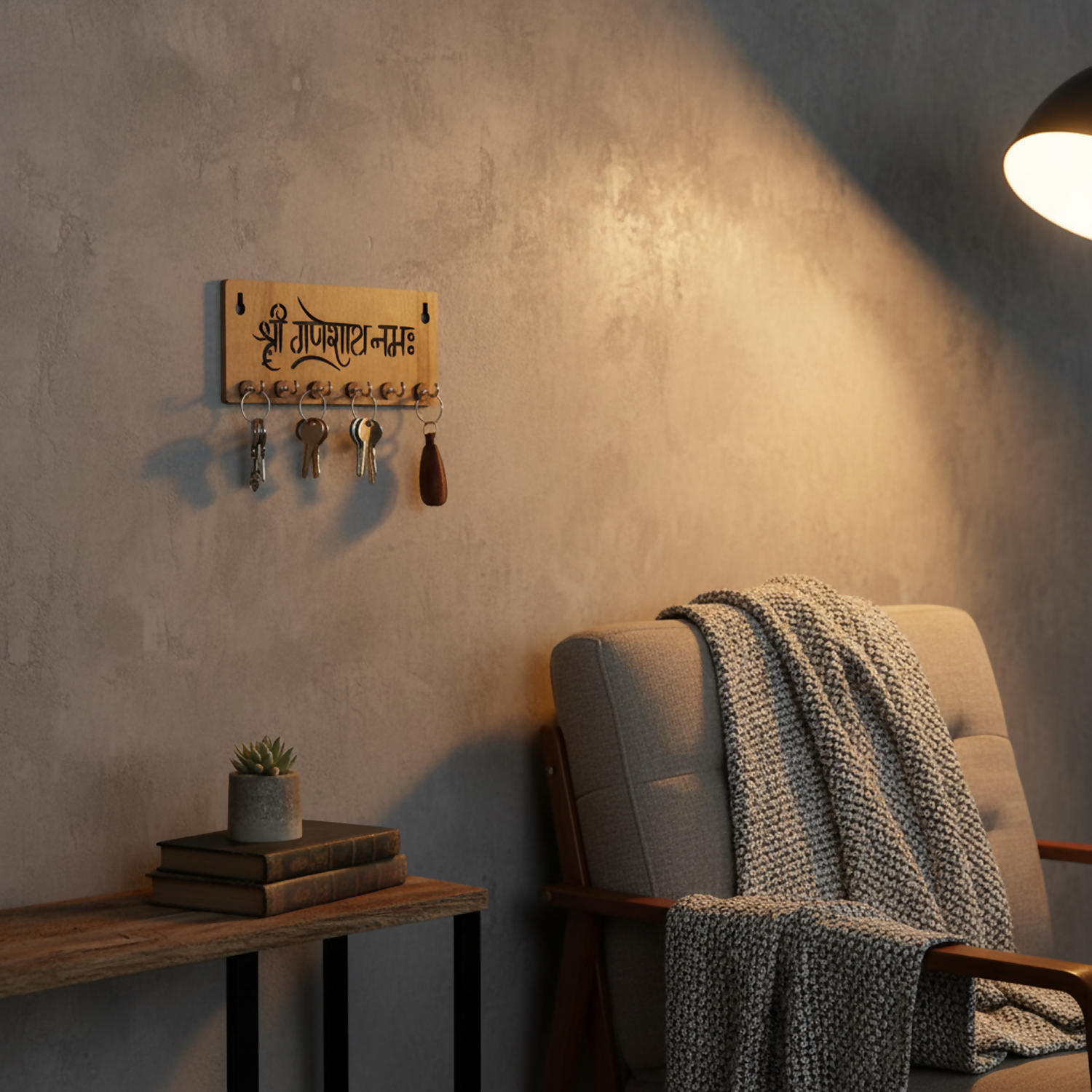 Shri Ganeshay Namah Wooden Key Holder for Wall – Premium MDF Ganpati Wall Key Organizer | Spiritual Home Décor