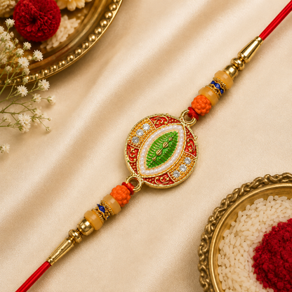 A red and gold Rakhi with orange beads, a central green leaf design, and white stones on a beige satin background with a