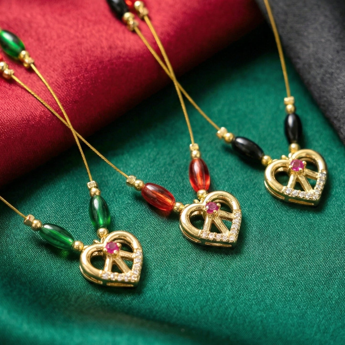 Heart Pendant Necklace with Tricolor Beads and Ruby Accent (3Pc/Set)