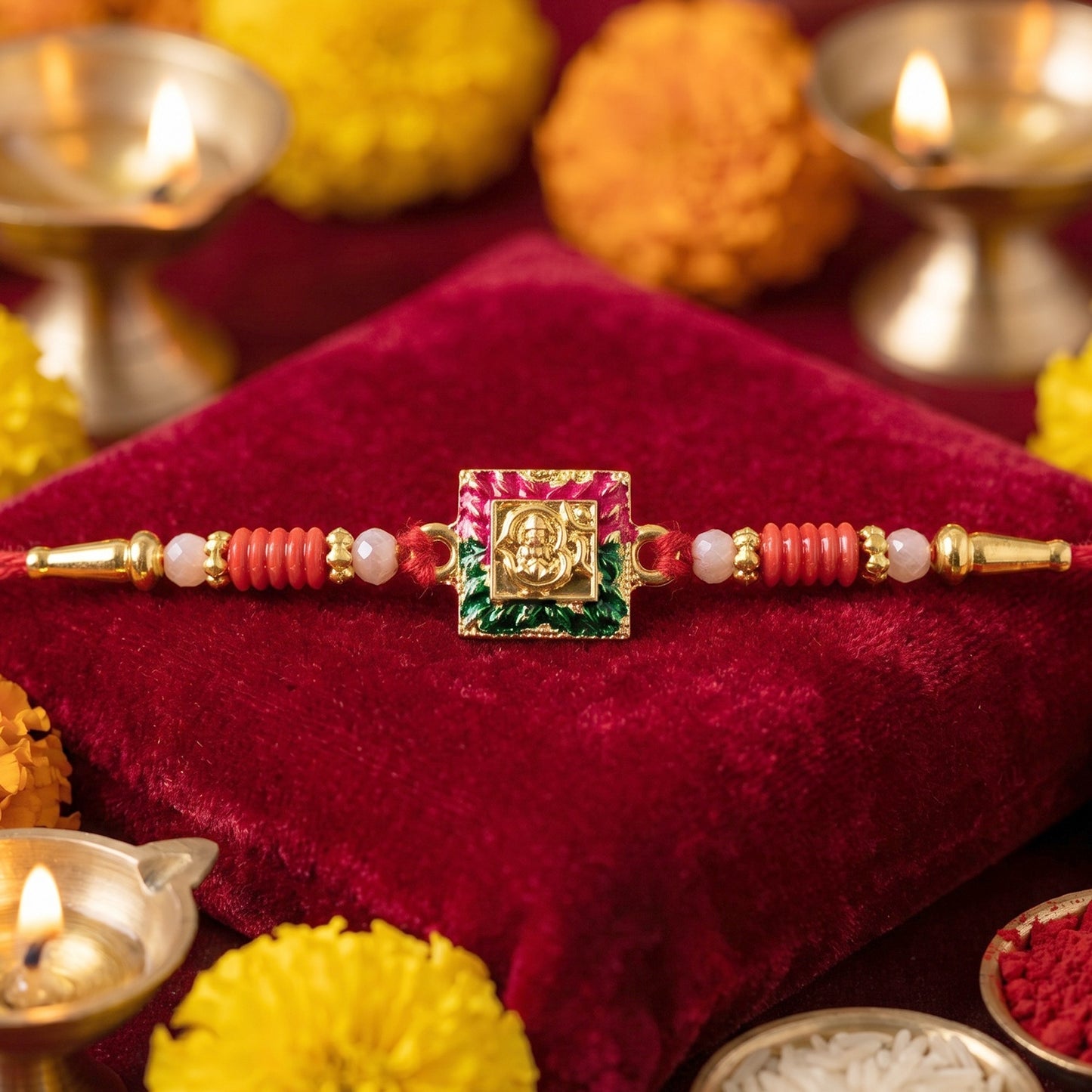 Close-up of designer rakhi showing Lord Ganesha centerpiece and threads