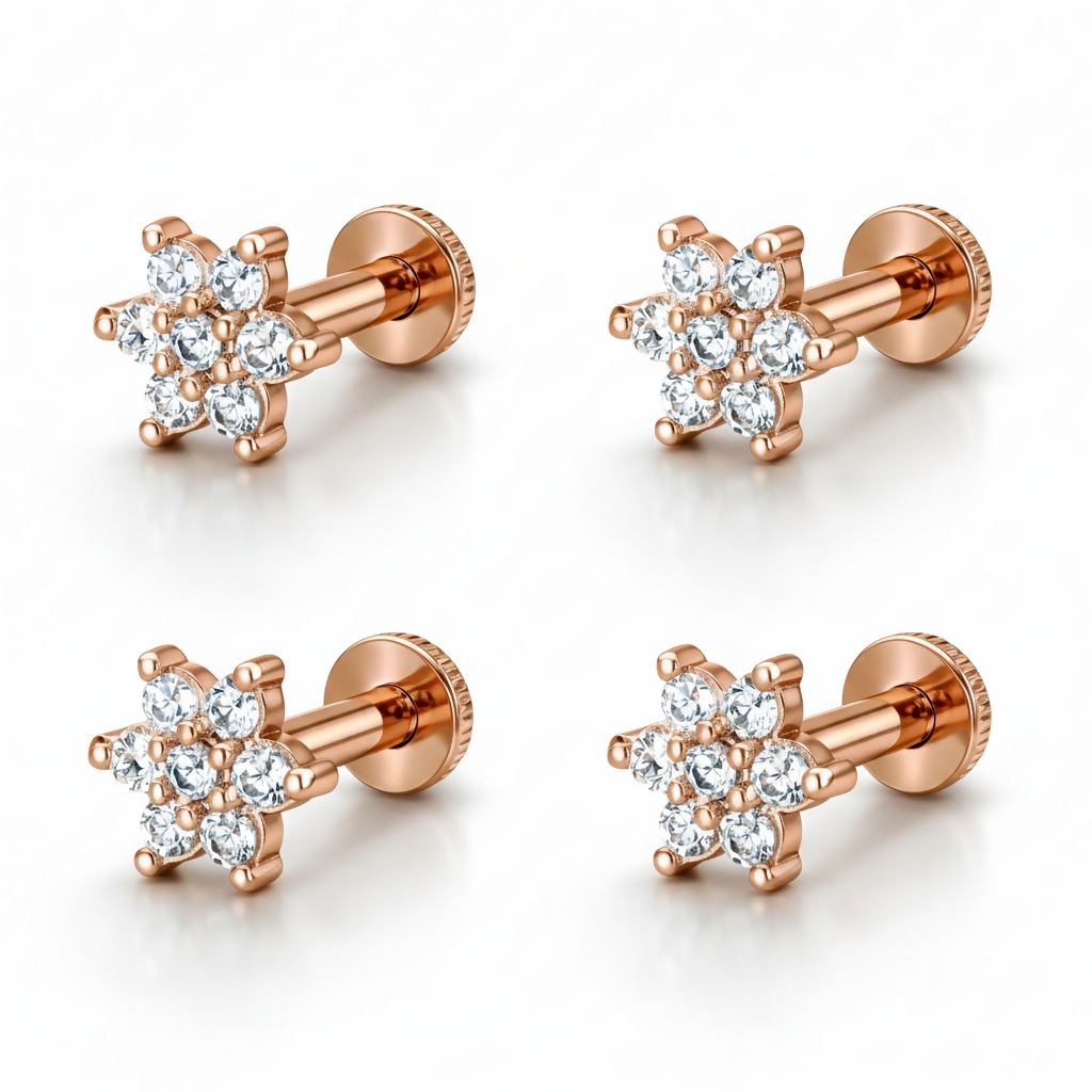 Detailed view of rose gold flower stud earrings with premium plating and comfortable flat-back posts