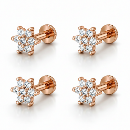 Detailed view of rose gold flower stud earrings with premium plating and comfortable flat-back posts