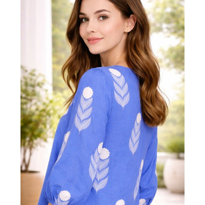 Elegant blue cotton short kurti with white floral print, stylish casual wear for women