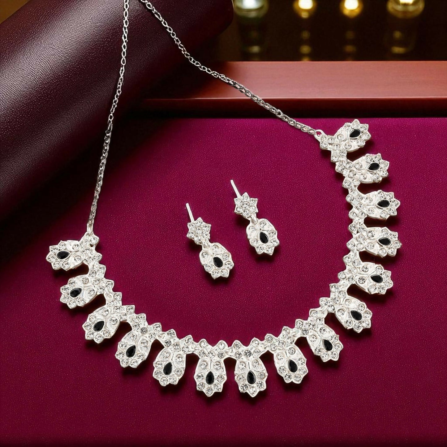 Elegant Silver-Toned American Diamond & Black Stone Set