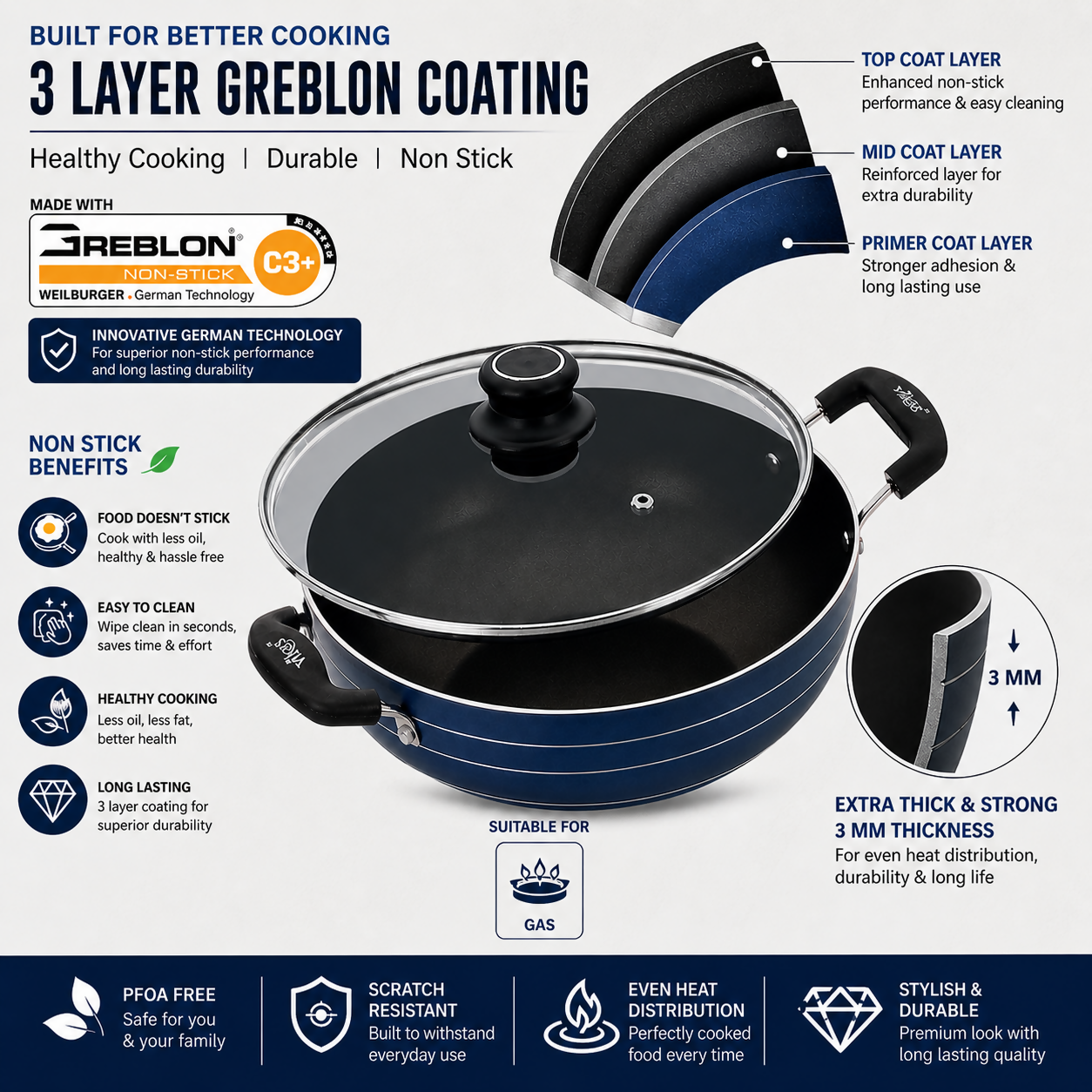 Side view of VIKAS Deep Kadai cooking pan