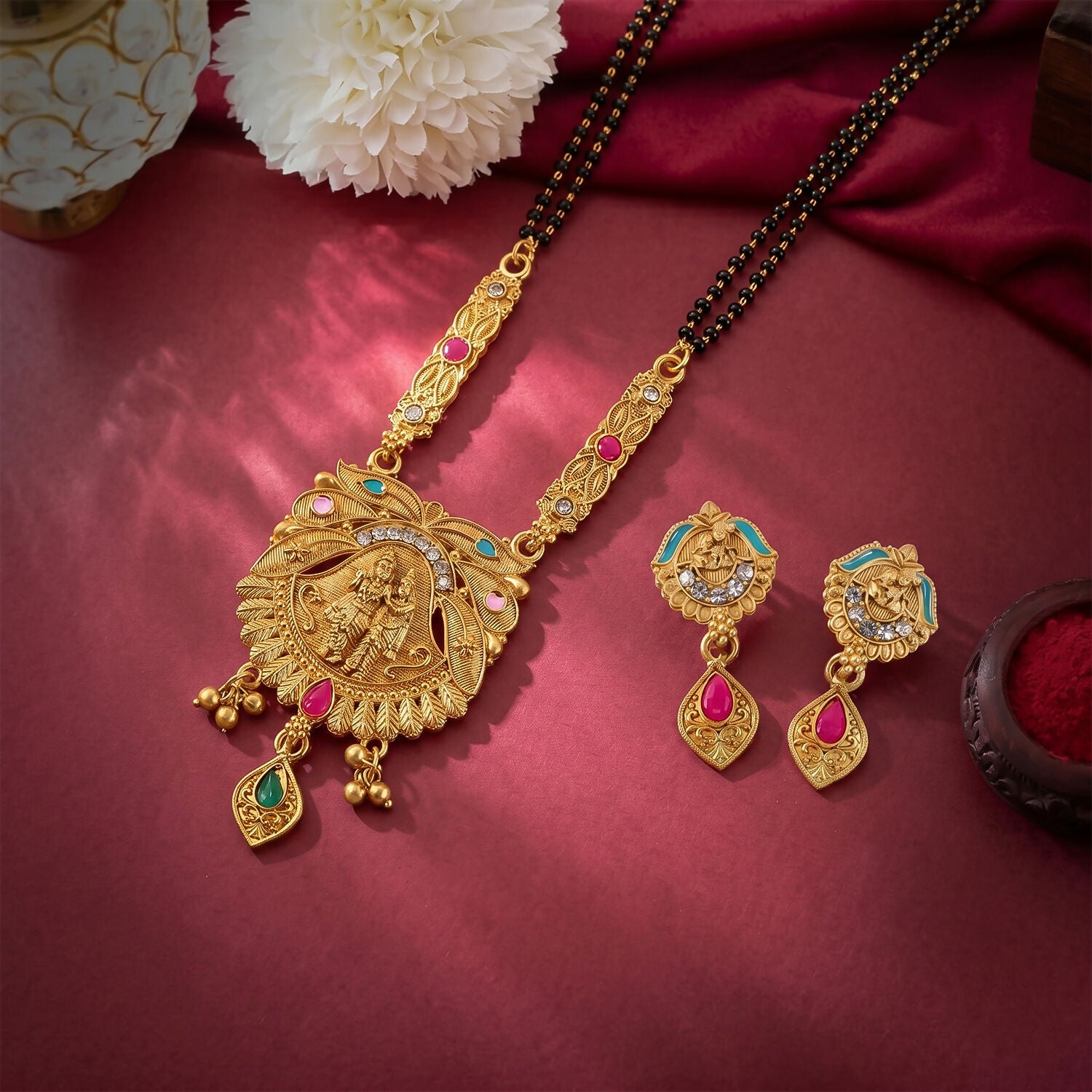 Antique Finish Radha Krishna Deity Oval Pendant with Crescent Drop Earring Set Double Strand Mangalsutra