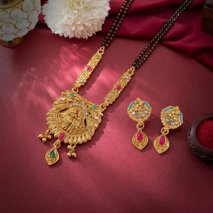 Antique Finish Radha Krishna Deity Oval Pendant with Crescent Drop Earring Set Double Strand Mangalsutra