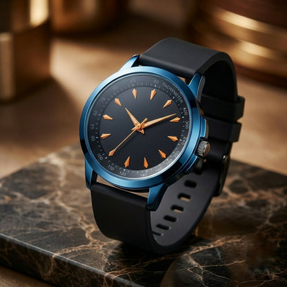 A blue watch with a black strap and golden hour markers rests on a polished marble surface with a subtle pattern.