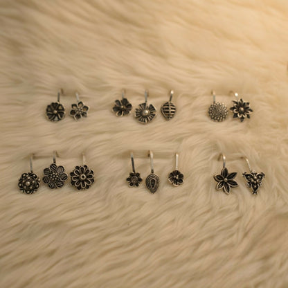 Oxidized Silver Traditional Floral Nose Pins Combo for Women & Girls (Pack of 15)
