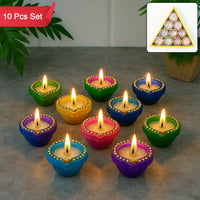 Handcrafted Decorative Clay Diya Set of 10 – Multicolor Glitter & Stone Work Oil Lamps for Diwali & Pooja