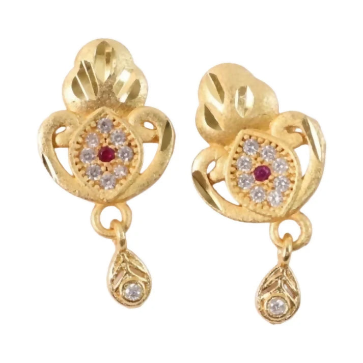 Ethnic Floral Motif Gold Stud Earrings With Stone Center And Elegant Drop Finish