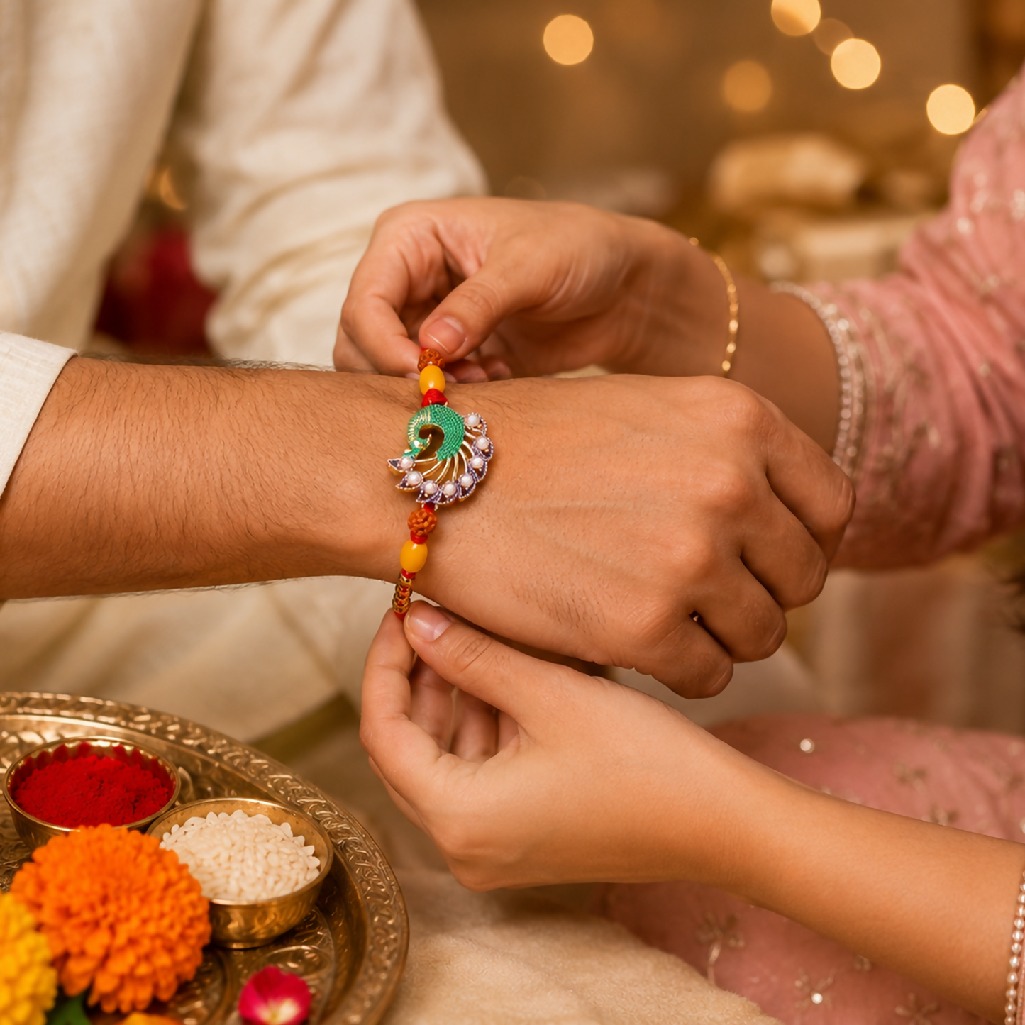 A person's hands tie a red, gold, green, and purple beaded bracelet onto another person's wrist, with a gold plate and