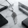 Silver Angel Wing Pendant Necklace for Men Feather Design with Box Chain Neckpiece