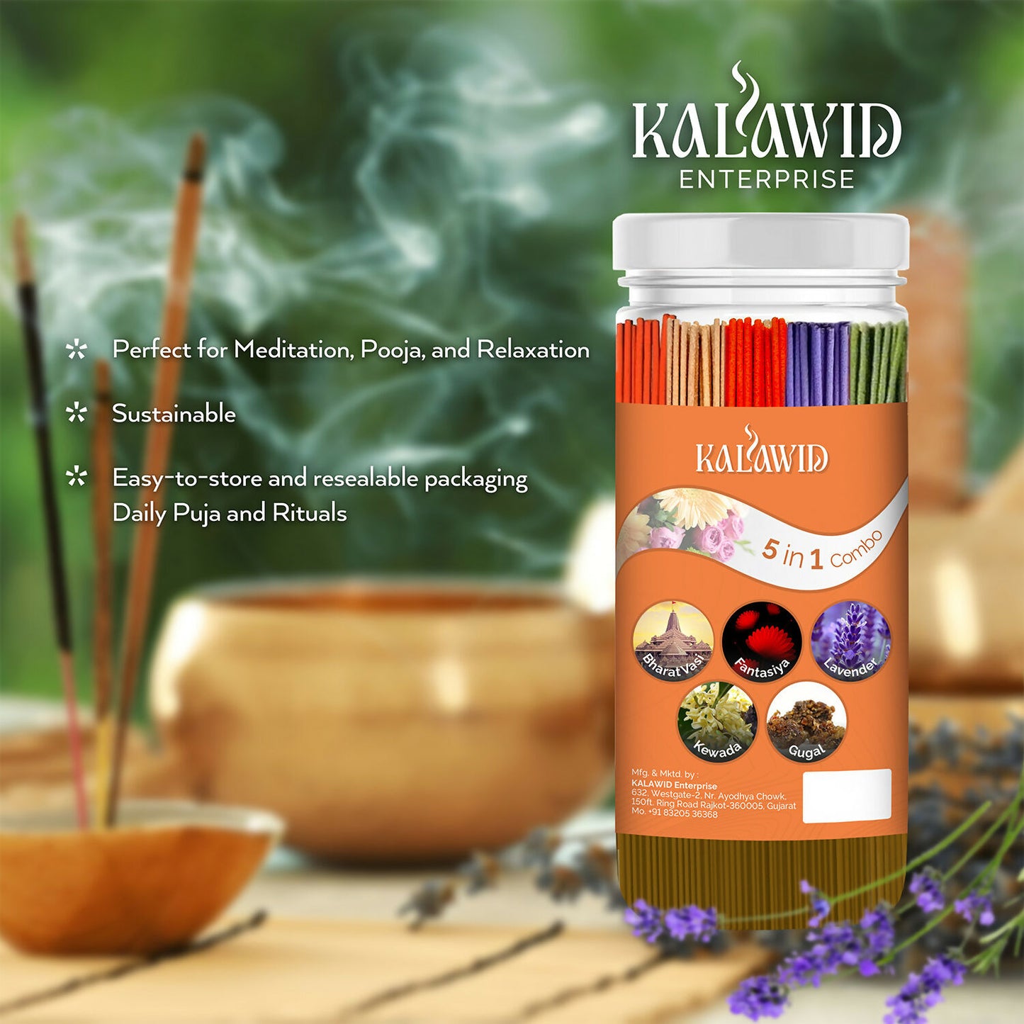 Premium Agarbatti 5 In 1 Combo with Bharatvasi, Fantasiya, Lavender, Kewada, Gugal Fragrances for Relaxation & Daily Use (400 Gm)