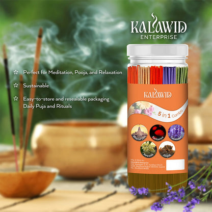 Premium Agarbatti 5 In 1 Combo with Bharatvasi, Fantasiya, Lavender, Kewada, Gugal Fragrances for Relaxation & Daily Use (400 Gm)