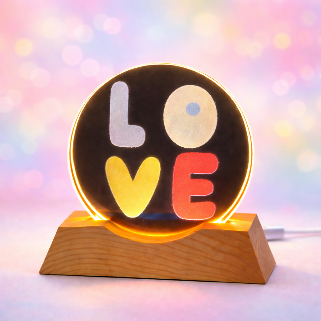 LOVE Acrylic LED Lamp with Wooden Base | USB Powered Decorative Night Light