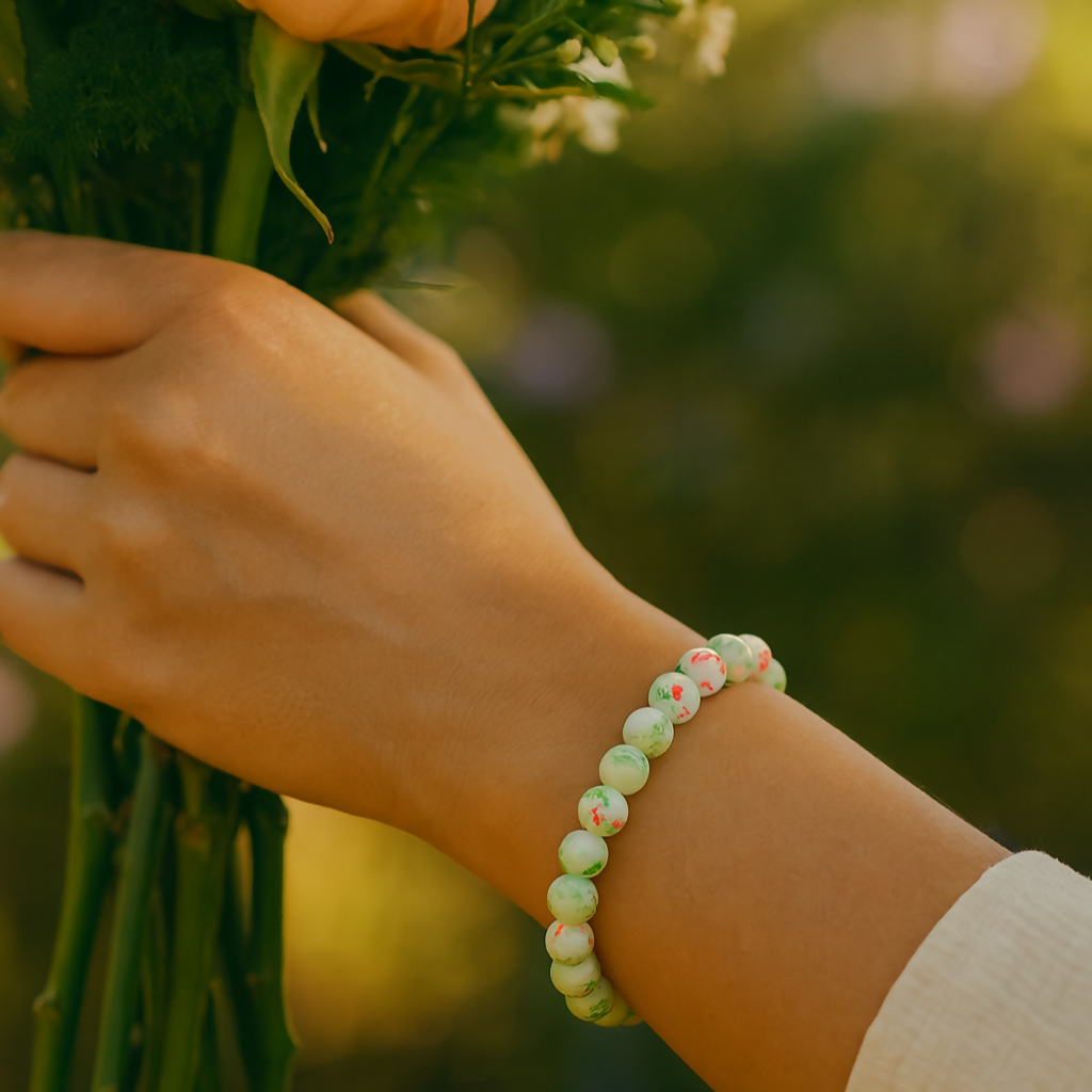 Classic White Printed Beads Stretch Bracelet