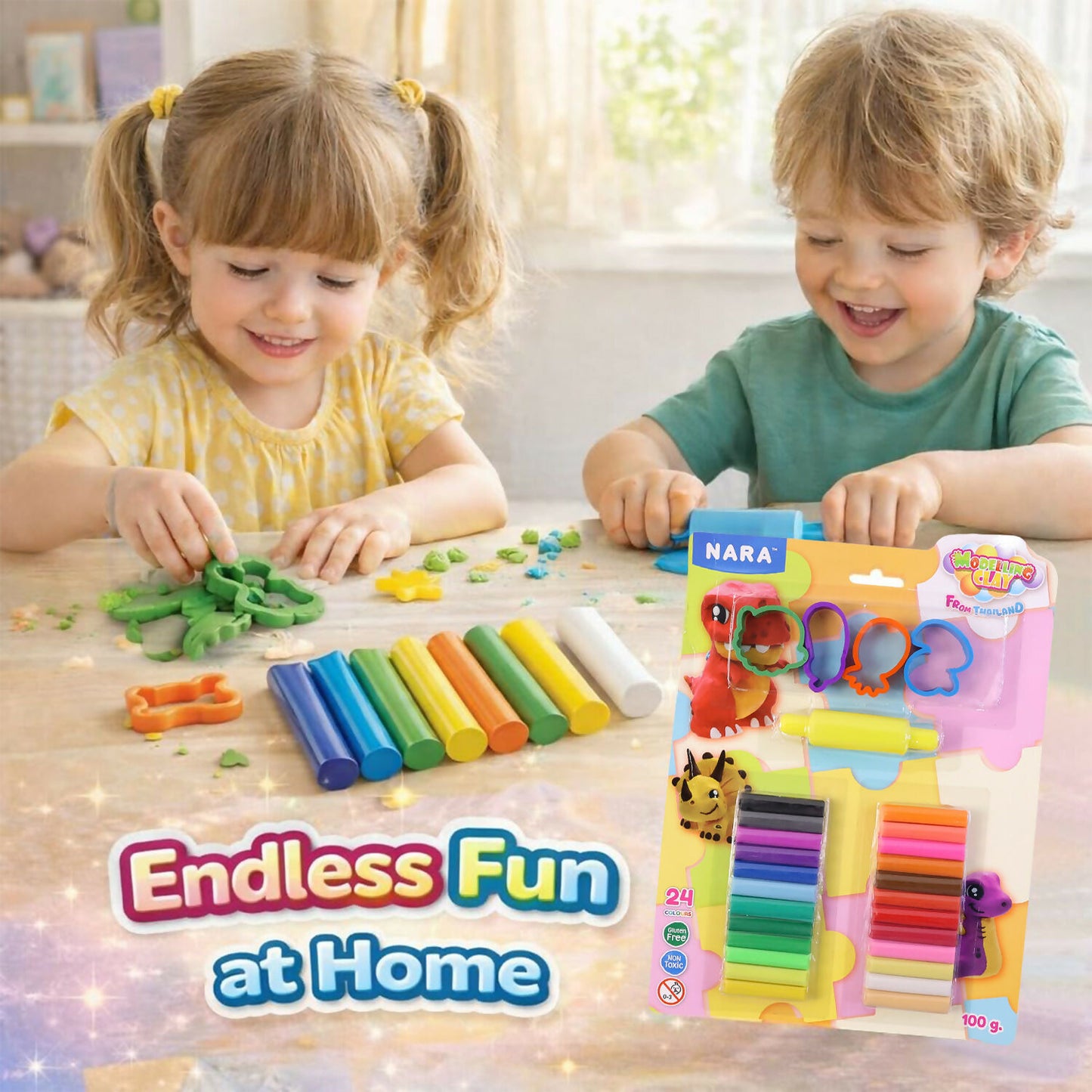 NARA Kids Creative Modelling Clay Set 24 Colors with Moulds & Roller Educational DIY Art & Craft Play Dough Kit (100Gm)