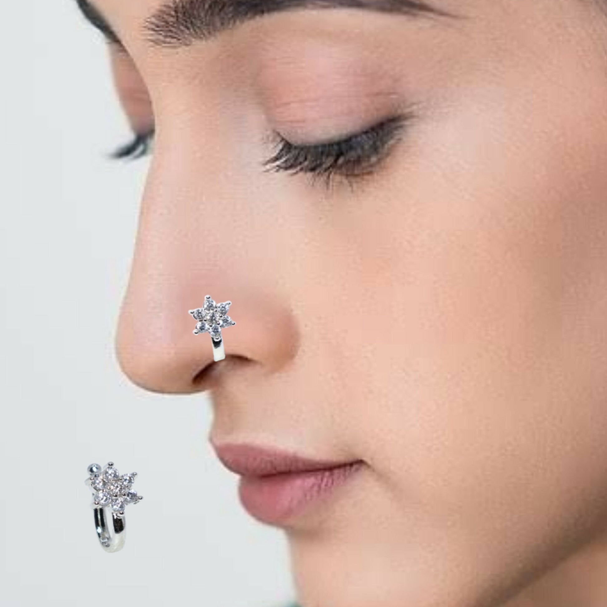 Rhodium Plated Floral Crystal Clip-On Nose Ring Combo Pack of 2