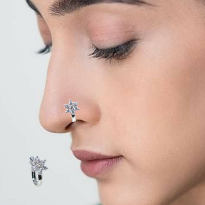 Rhodium Plated Floral Crystal Clip-On Nose Ring Combo Pack of 2