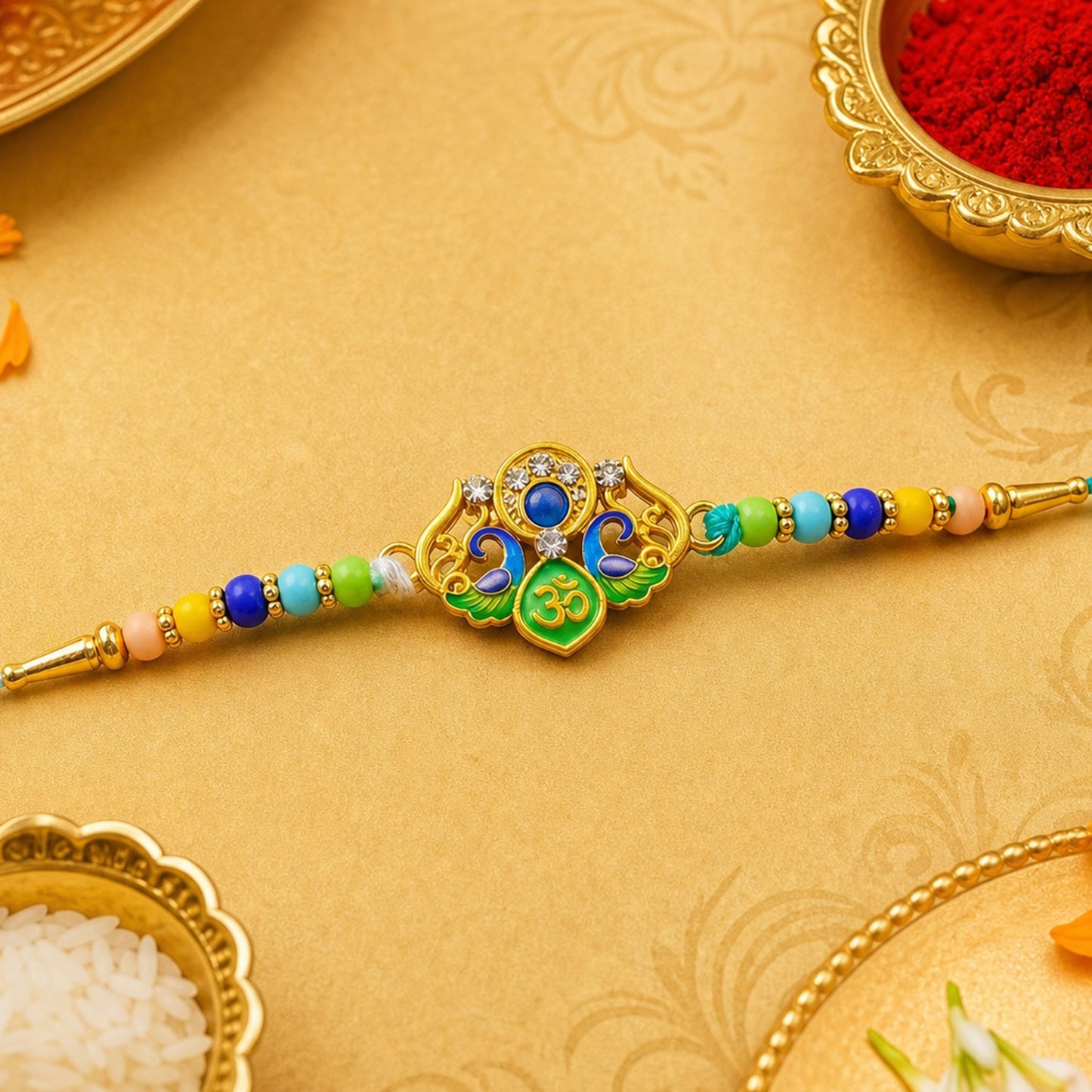A colorful beaded bracelet with a gold and enamel centerpiece featuring an Om symbol rests on a yellow surface with ritual
